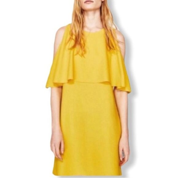 Zara Dresses & Skirts - Zara Yellow Cold Shoulder Coastal Grandmother Dress Textured Ribbed Size Medium